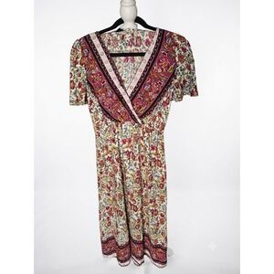 Ranlege Womens Floral Paisley Wrap‎ V-Neck Midi Dress Pink Yellow XL